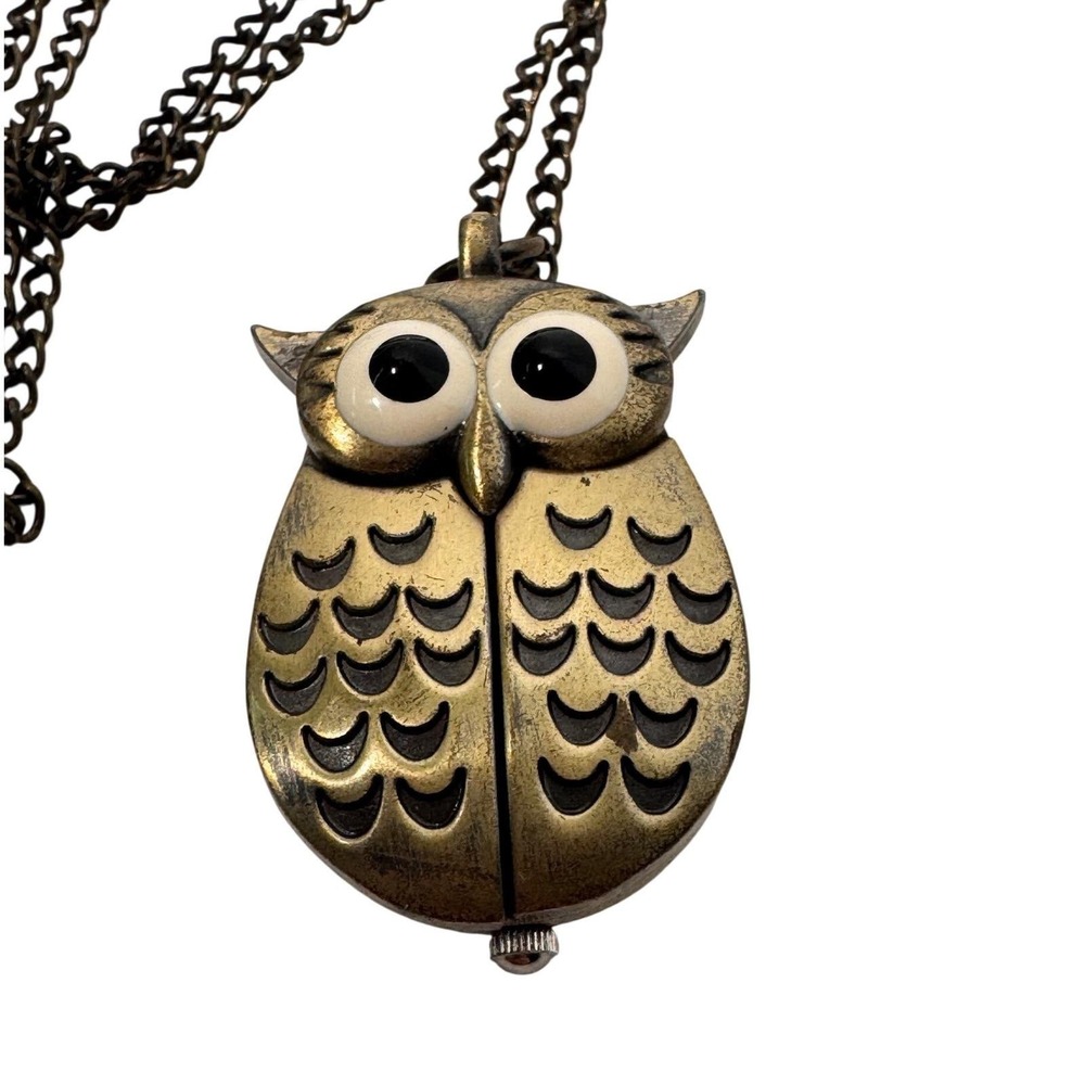 Vtg Owl Pendant Watch Necklace Bronze Steampunk Hidden Analog working clock - Picture 6 of 7